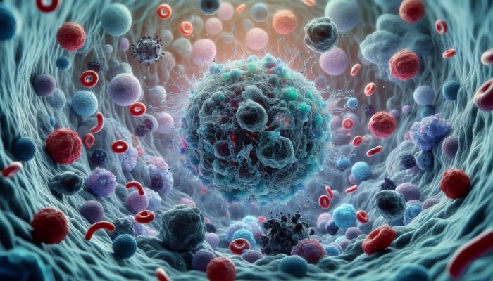 Microscopic view of cancer cells releasing tumor markers into blood and tissue, aiding diagnosis and monitoring.