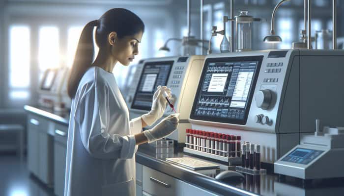 Technician calibrating automated blood analyzer with standard solutions in high-tech lab.