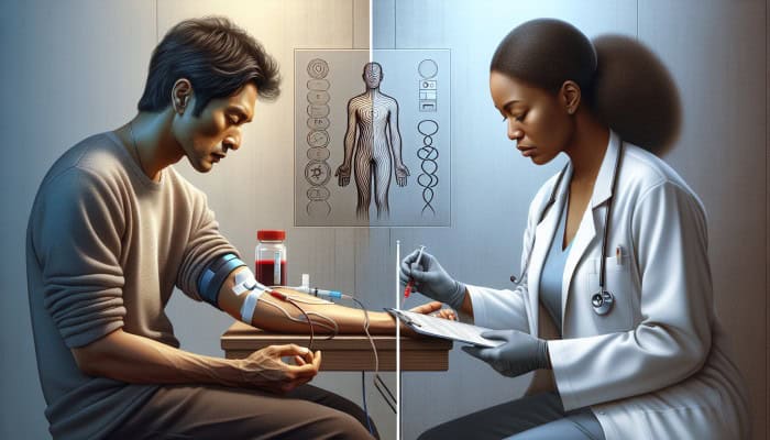 Image showing blood test for stress measurement versus self-reported questionnaire, illustrating objective versus subjective methods.