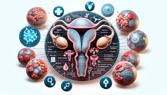 Illustration of endocrine system showing testosterone production in testicles and ovaries, with icons for libido, sperm, concentration, and psychological health.