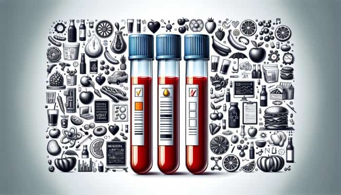 A medical illustration showing blood test vials for vitamins, with diverse dietary images in the background.