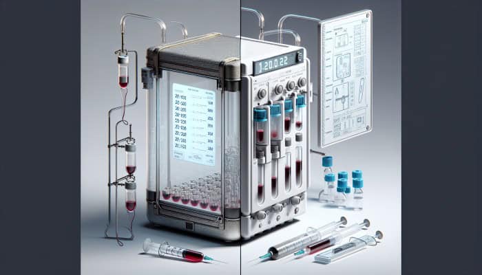 Evolution of blood sample transport: from basic glass container to modern high-tech kit with temperature control and shock absorption.