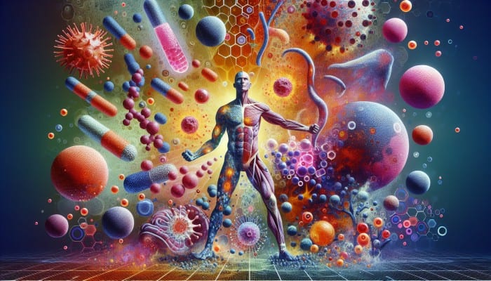 Artistic depiction of immune system attacking healthy cells, representing autoimmune disorders with inflamed tissues.