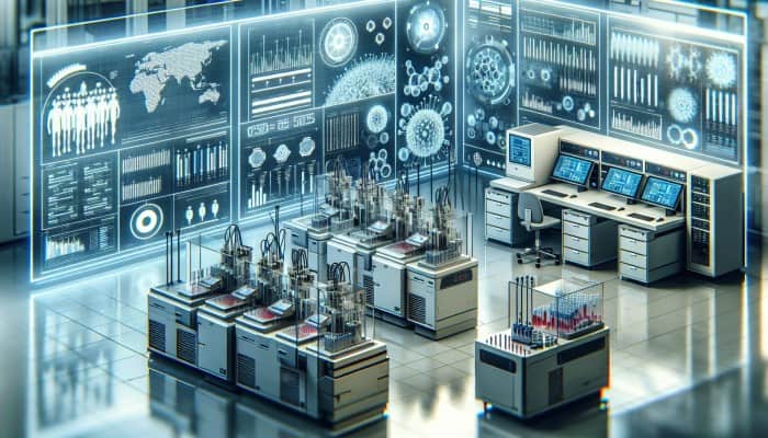A high-tech lab with automated blood test systems, sample processors, analysers, and data management for enhanced productivity and accuracy.