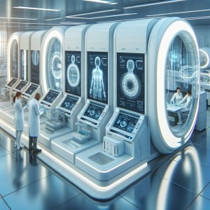 High-tech lab with advanced medical equipment and doctors working harmoniously in a futuristic, warm setting.