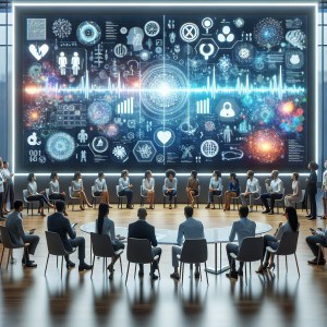 A diverse group analyzing health data on a touchscreen to make informed decisions in a modern room.