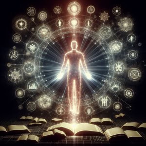 A person radiating empowerment, surrounded by glowing books and action symbols.