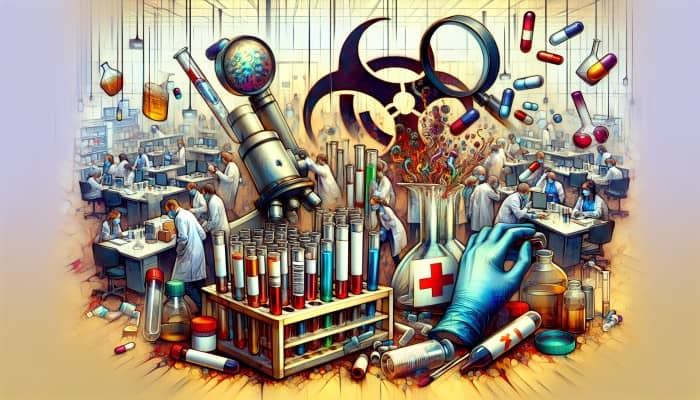 A chaotic lab scene with mislabeled samples, contaminated tubes, and rushed technicians, leading to misdiagnosis.