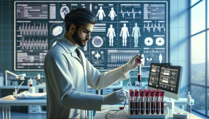 A phlebotomist collecting a blood sample in a sterile lab in Bath, with health reports in background.