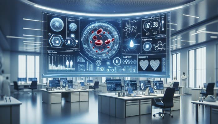 A modern lab conducting comprehensive blood tests for cardiovascular and metabolic health, with results on screens.