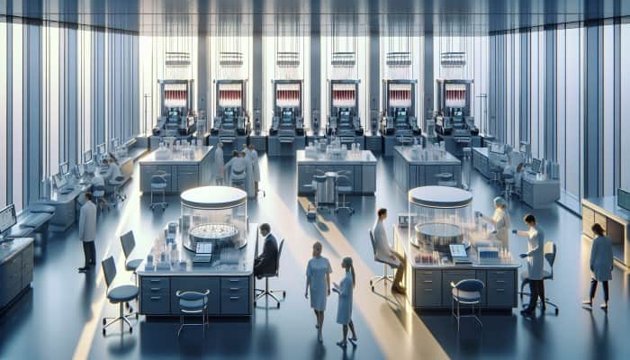 A modern medical lab in Winchester with diverse people undergoing private blood tests for early health issue detection.