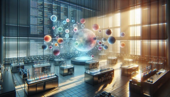 A futuristic lab displaying glowing biomarkers, health analysis report with iron reserves and vitamin D levels, winter sunlight backdrop.