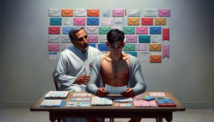 A person reviewing HIV test results at a desk, with informational pamphlets and a supportive healthcare provider nearby.