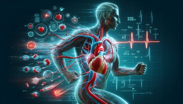Illustration of heart secreting BNP into bloodstream, graph showing elevated BNP levels indicating heart stress.
