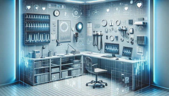 A medical chart showing BNP test results with key takeaways, in a doctor's office with medical equipment.