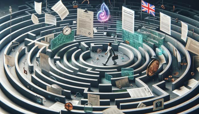 Person navigating maze of privacy rights with legal documents and medical records, under UK flag.