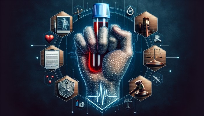 Person holding blood test vial, surrounded by privacy and legal symbols, with medical and legal documents.