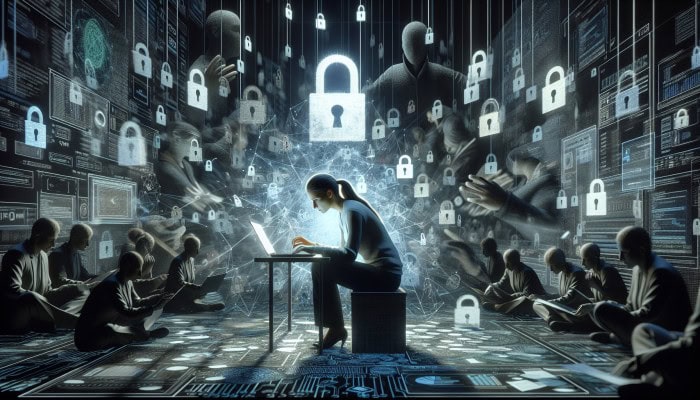 Person in distress contacting support amidst scattered digital files and locks, shadowy figures symbolize privacy breach.