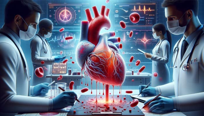 A medical illustration of a heart with troponin proteins leaking into the bloodstream, analyzed in an emergency room.