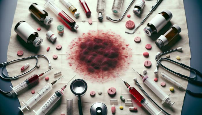A close-up of a dried blood spot on filter paper, used for monitoring therapy and adjusting medication dosages.