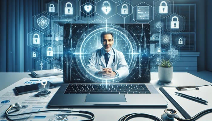 A secure telemedicine session on a laptop with digital locks and encryption symbols, reassuring a calm patient.