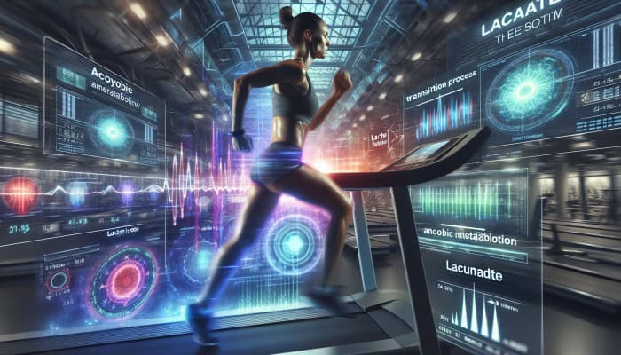 Lactate Test Results: Athlete running on treadmill in high-tech gym, monitors showing lactate levels and aerobic to anaerobic transition.