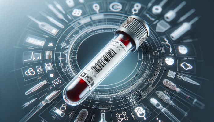 A close-up of a precisely labeled blood sample tube with clear text and barcode, symbolizing patient safety in healthcare.