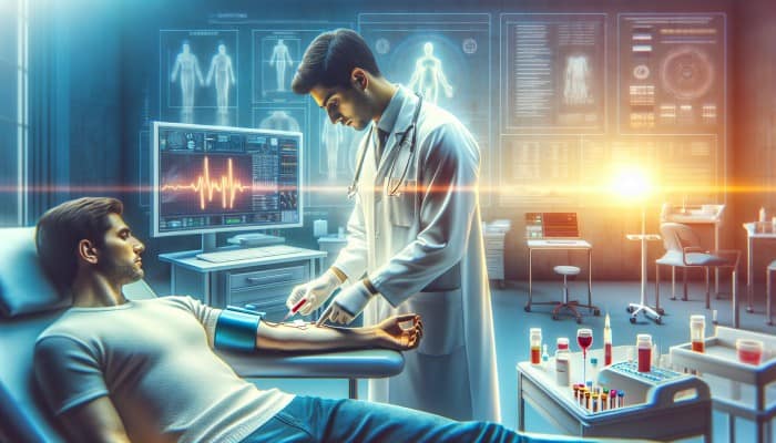 A phlebotomist drawing blood safely from a patient in a sterile medical environment.