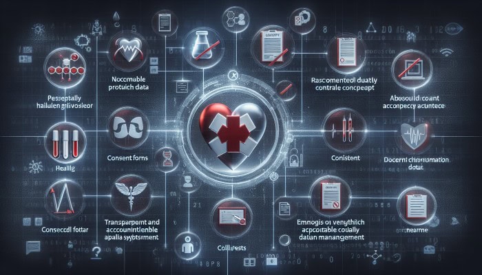 Blood Test Privacy Concerns: Digital interface showing GDPR compliance for health data with blood test and consent form icons.