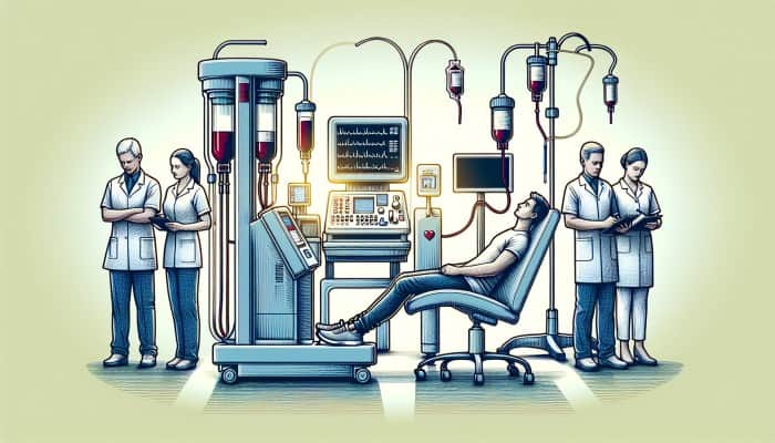 General Health Blood Test in Stourbridge: A serene clinic interior in Stourbridge with modern equipment, where a patient undergoes a blood test surrounded by caring staff.