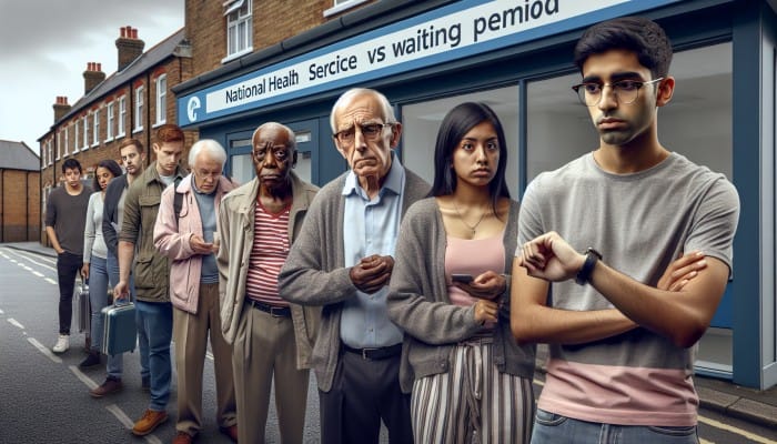 A diverse group of Stourbridge residents waiting at an NHS clinic, with a private health center in the background.