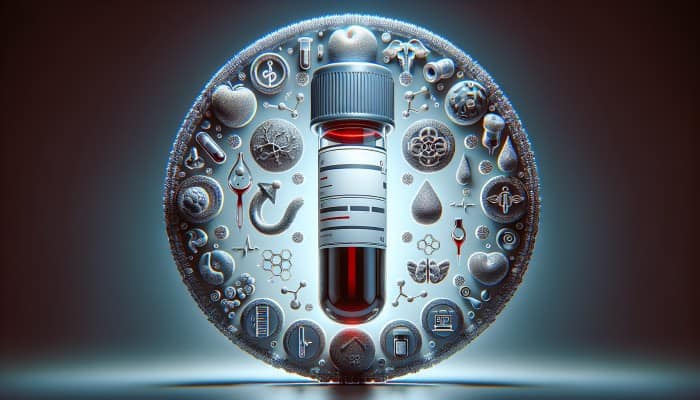 Well Person Blood Test in Newbury: A vial of blood surrounded by icons of cholesterol, sugar, liver, and kidney, representing a comprehensive health test.