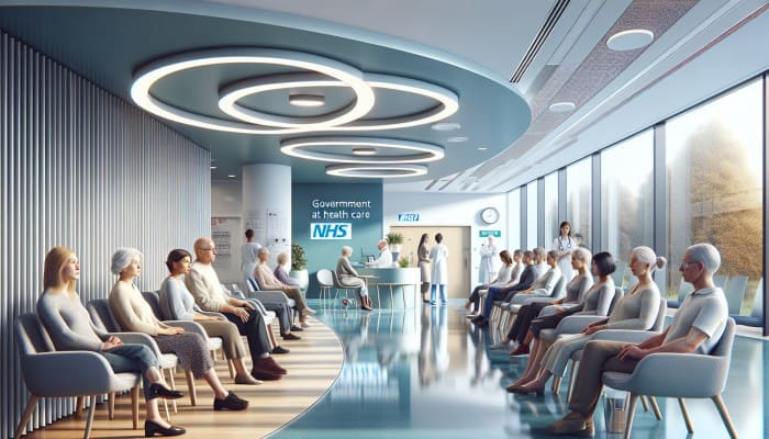 A modern Newbury clinic interior with diverse residents awaiting well person blood tests, NHS and private signs visible.