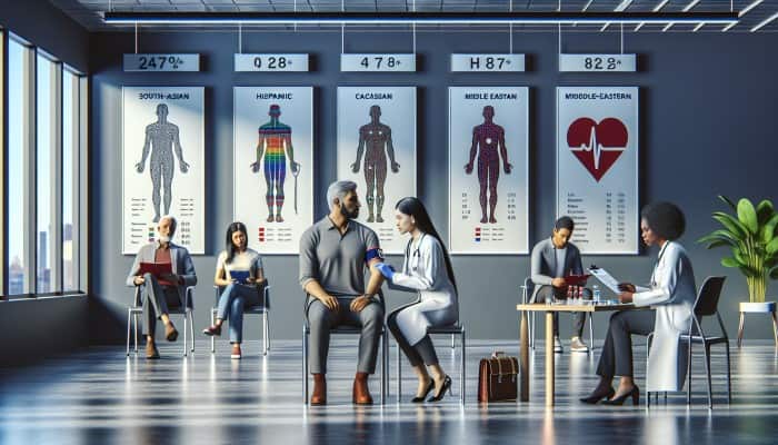 Diverse group at NHS clinic in Newbury for blood tests, GP consulting patient.