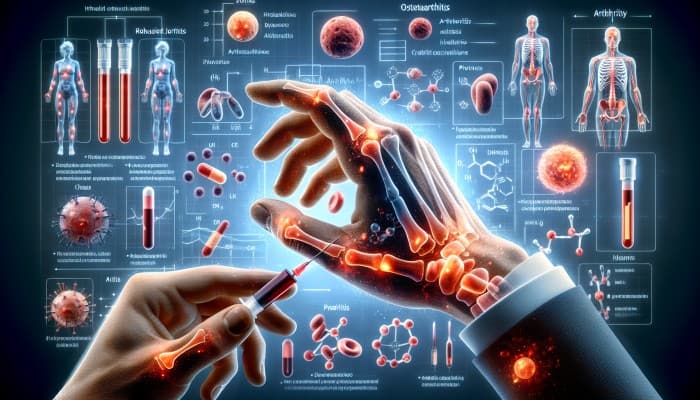 Arthritis Blood Test Markers: Illustration of arthritis blood test markers aiding in diagnosing rheumatoid, osteoarthritis, and psoriatic arthritis.