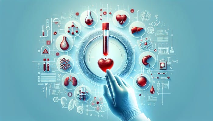 Well-Person Blood Test in Reigate: Illustration of blood sample analysis showing cholesterol, blood sugar, liver, and kidney markers for preventive healthcare in Reigate.