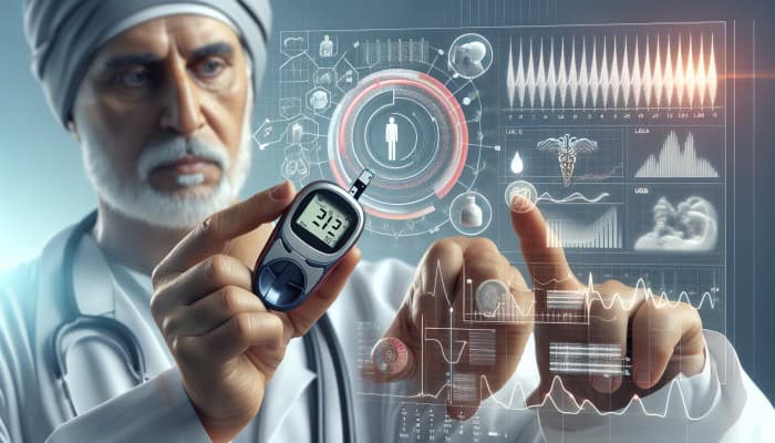 Diabetes Blood Test in Hindley: Person using glucose meter, charts showing blood sugar trends, doctor adjusting treatment plans.