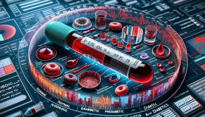 Diabetes Blood Test in Dronfield: A medical illustration of a diabetes blood test analyzing glucose levels, showing normal, pre-diabetic, and diabetic ranges.