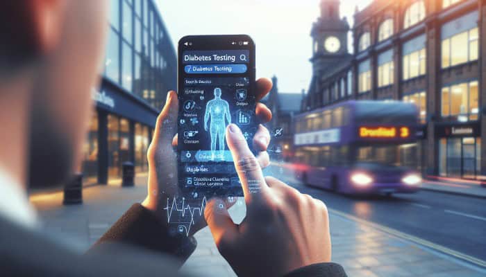 Person in Dronfield using smartphone to find diabetes testing services and local clinic locations.