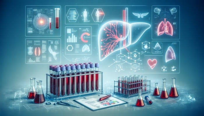 A detailed medical illustration of liver blood testing in a modern lab, showing blood extraction, analysis, and digital results.