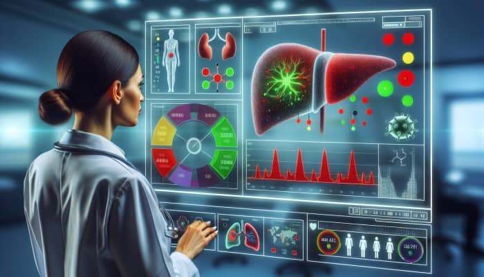 A doctor analyzing liver blood test results on a digital screen in a modern medical office.