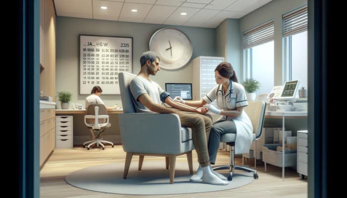 Patient in Jarrow clinic having cholesterol test, nurse drawing blood from arm in calm setting.