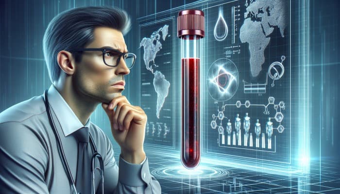 Illustration of ferritin blood test in Heswall clinic, showing sample and iron level chart analysis.