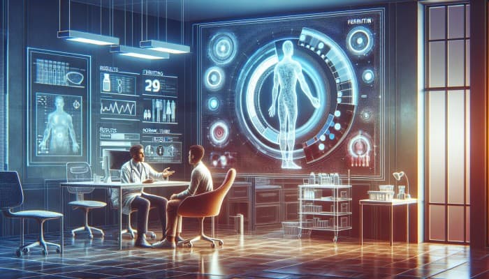 A medical chart showing ferritin levels with normal ranges for men and women, explained by a healthcare professional in a Heswall clinic.