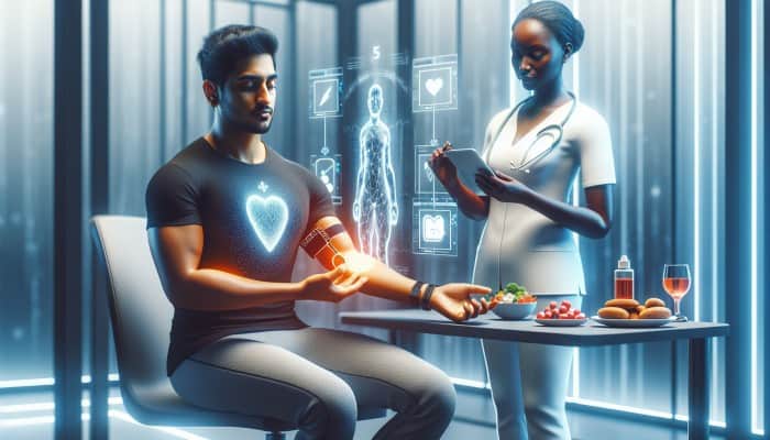 Diabetes Blood Test in Dumbarton: Person with diabetes analyzing glucose data on smart device, adjusting diet and medication with healthcare provider.