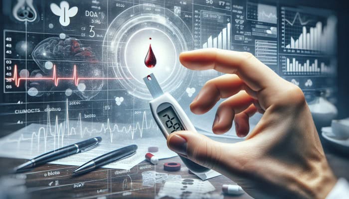 Diabetes Blood Test in Portishead: A blood glucose test strip with a blood drop, medical charts showing glucose levels for diabetes monitoring.