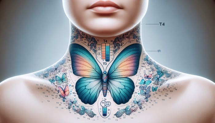 Thyroid Blood Test in Leeds: Illustration of thyroid gland test showing T4, T3, and TSH levels at neck's base in clinical setting.