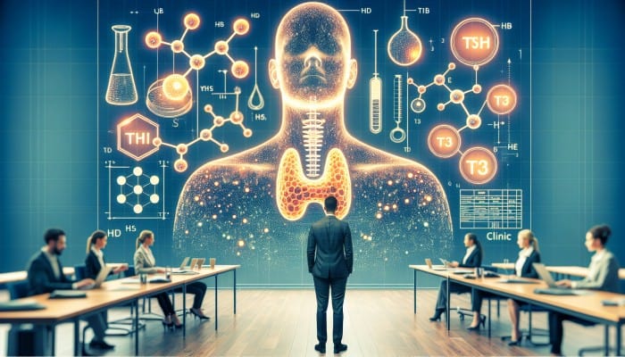 A medical chart showing thyroid test results with TSH, T3, T4 levels and reference ranges in a Leeds clinic.
