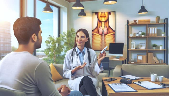 A cozy Leeds clinic with warm lighting, comfortable seating, and a doctor discussing thyroid results with a patient.
