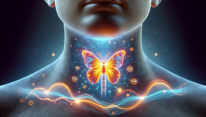 Advanced Thyroid Blood Test in Birmingham: Butterfly-shaped thyroid gland at neck's base, releasing T3 and T4 hormones, impacting metabolism and health.